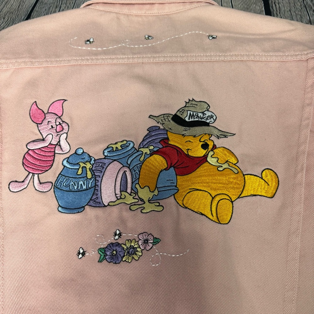 Vintage 90s Disney Winnie the Pooh Pastel Pink Cropped Denim Jacket Size Medium - Picture 9 of 12